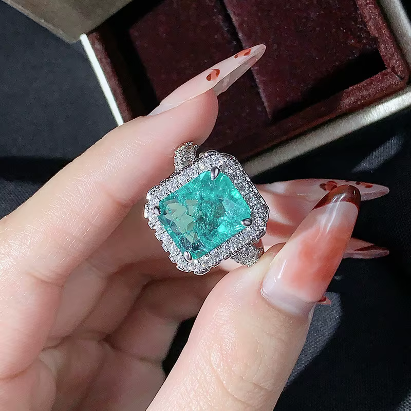 Nouveau Paraiba Imitation émeraude Tourmaline bague pour femmes 925 argent plein diamant ouverture b