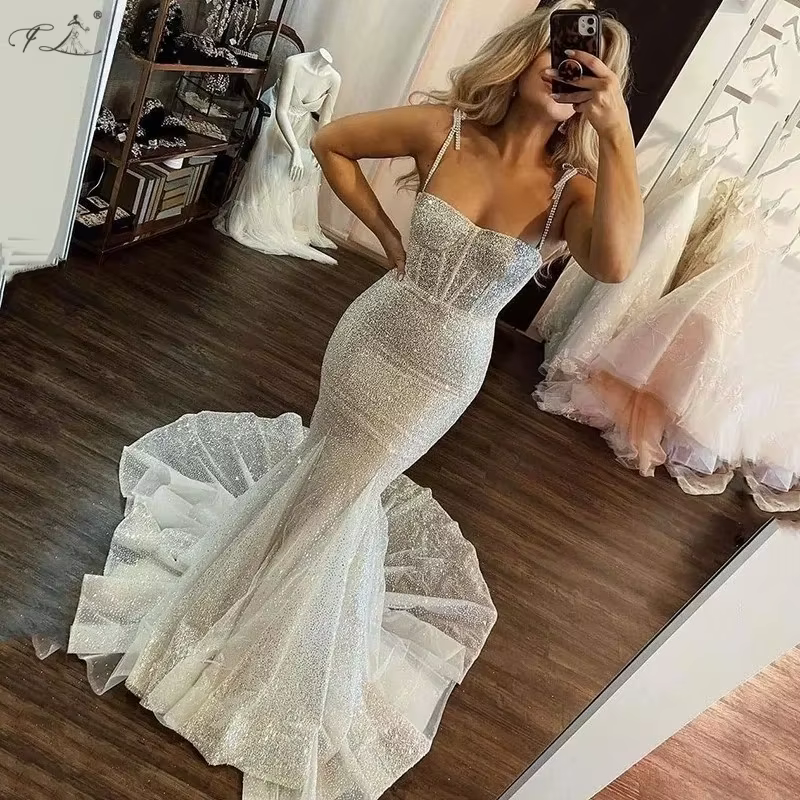Robe de mariée sirène pour femme avec traîne, classique, minimaliste, blanche, à sequins, bretelles 