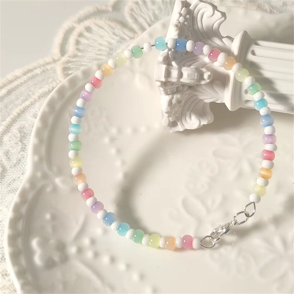 Bracelet de perles aux couleurs arc-en-ciel pour filles, design simple coréen, pierre œil de chat, s