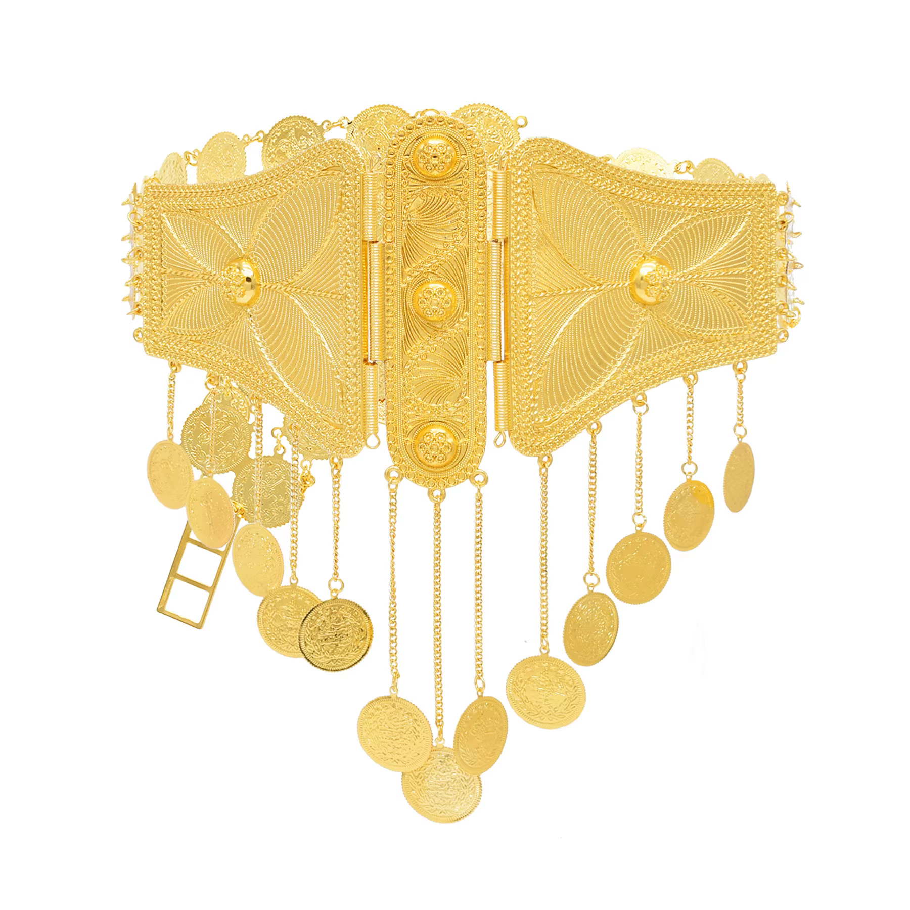 Ceinture de danse du ventre avec longues chaînes dorées, pompon, traditionnel, bohème, indien, turqu