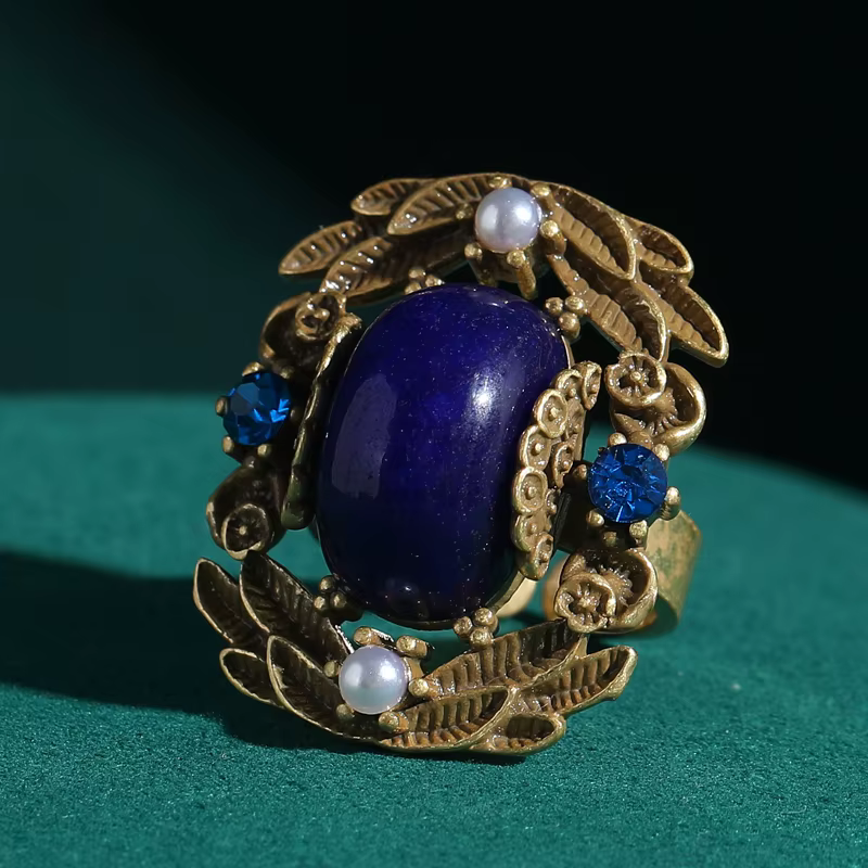 Bagues rétro Vintage pour femmes, couleur or Antique, feuille carrée bleue, pierre naturelle, perles