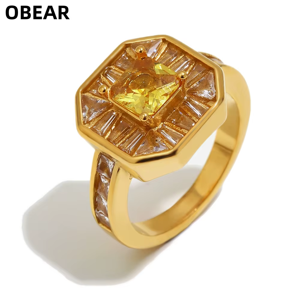 Bague carrée en acier inoxydable plaqué or 18 carats avec zircon cubique jaune, résistante à l'eau e