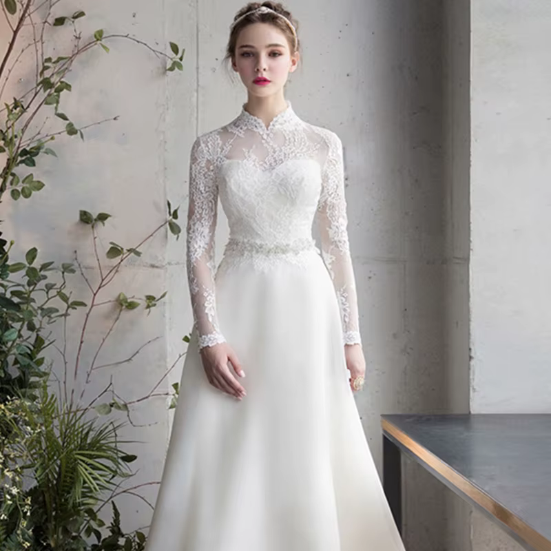 Robe de Mariée en Organza, Longueur au Sol, Ligne A, Simple, Personnalisée