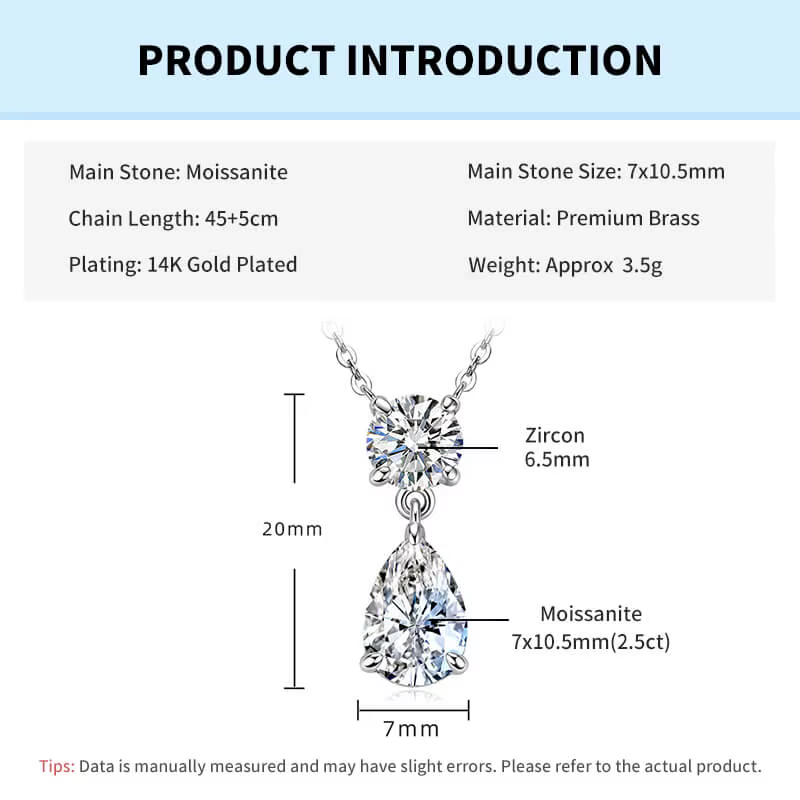 Collier pendentif en moissanite Rrjzz, taille poire, couleur D, 2,5 carats, 7x10,5 mm, avec deux pie
