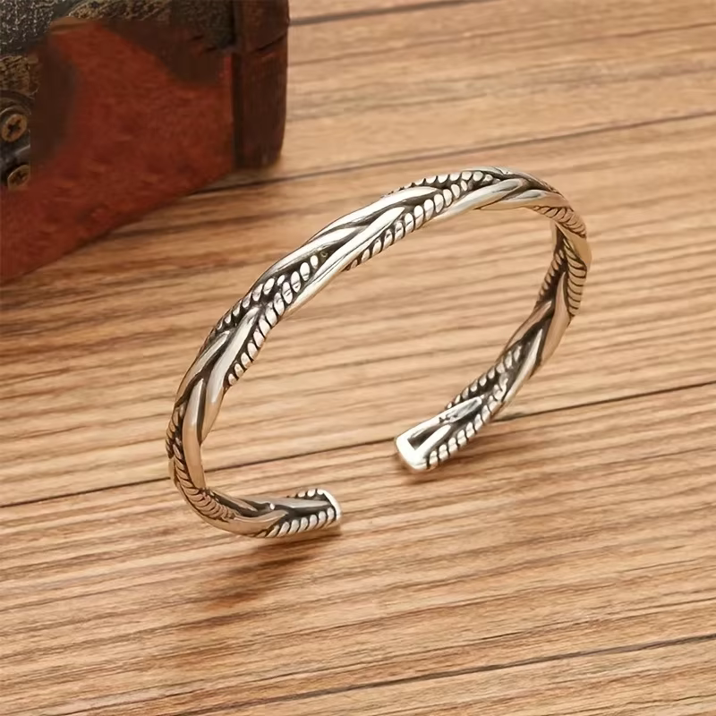Bracelet Vintage unisexe, manchette tissée torsadée plaquée argent, Bracelet à ouverture réglable po