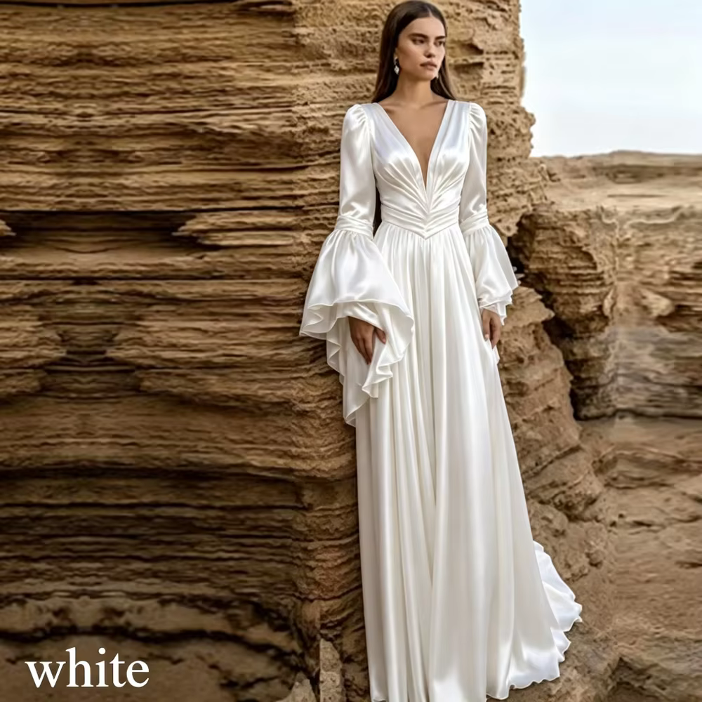 Robe de Mariée Longue Blanche de Plage en Mousseline Sexy Décolleté V Profond Plis Manches Évasées S