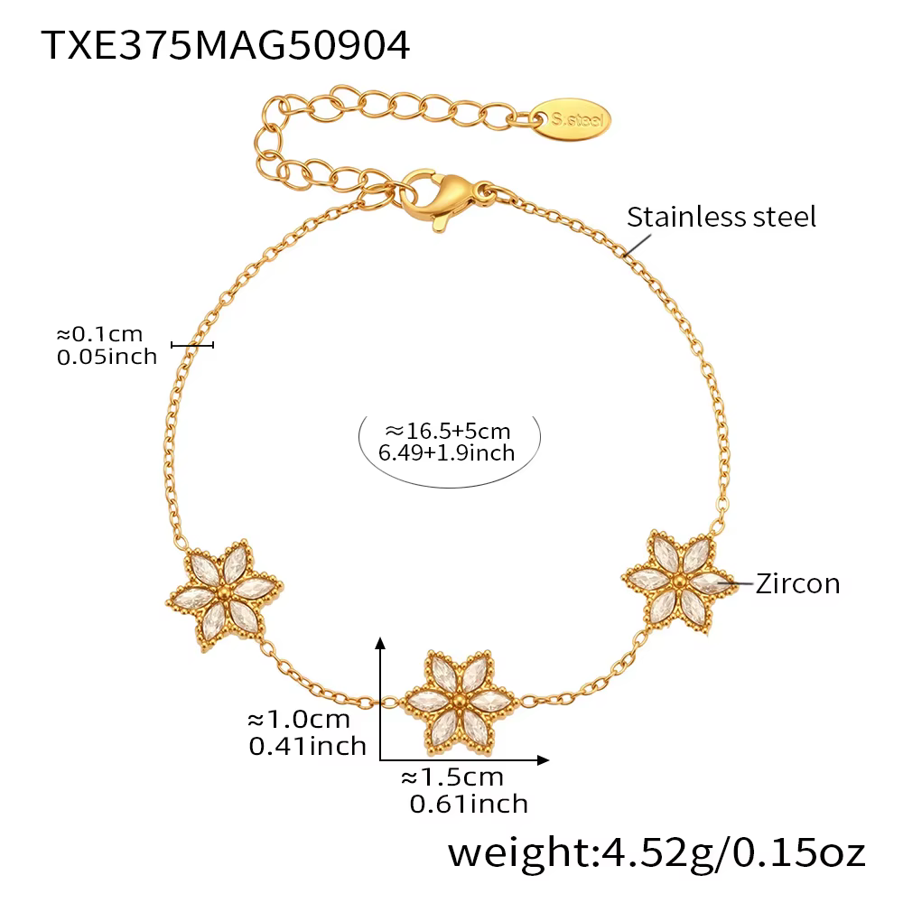 Collier Lariat Y Bracelet assorti en acier inoxydable plaqué or 18 carats avec chaîne de fleurs en Z