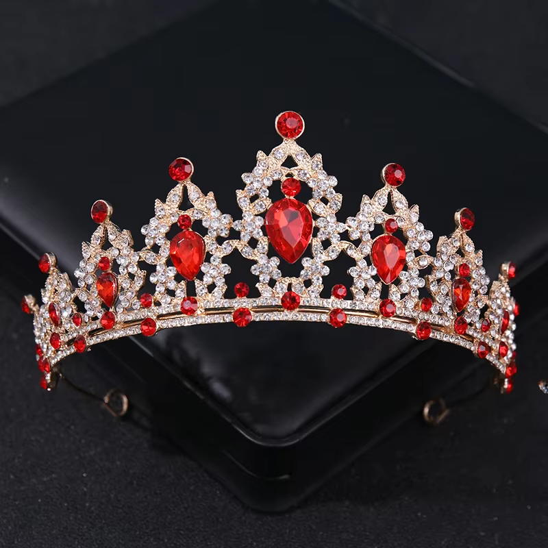 Couronne de mariée en cristal rouge baroque, diadème reine royale, diadème de concours de bal de mar