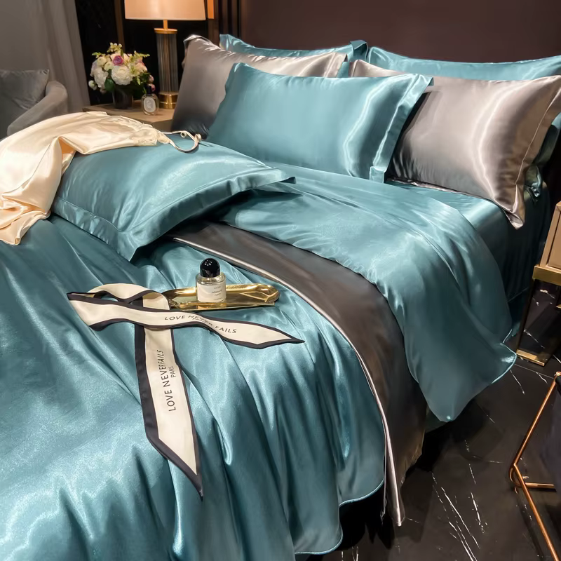 Parure de lit en soie premium, couleur unie, housse de couette en satin, drap doux, taies d'oreiller