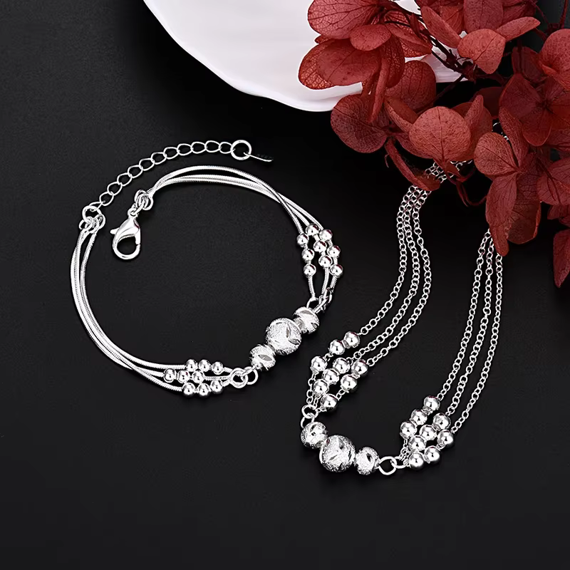 Ensemble de bijoux collier et bracelet en argent sterling 925 avec perles porte-bonheur pour femme, 