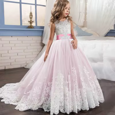 Robe de princesse bouffante en dentelle bloc de couleurs pour filles, à fleurs, pour mariage, nouvel