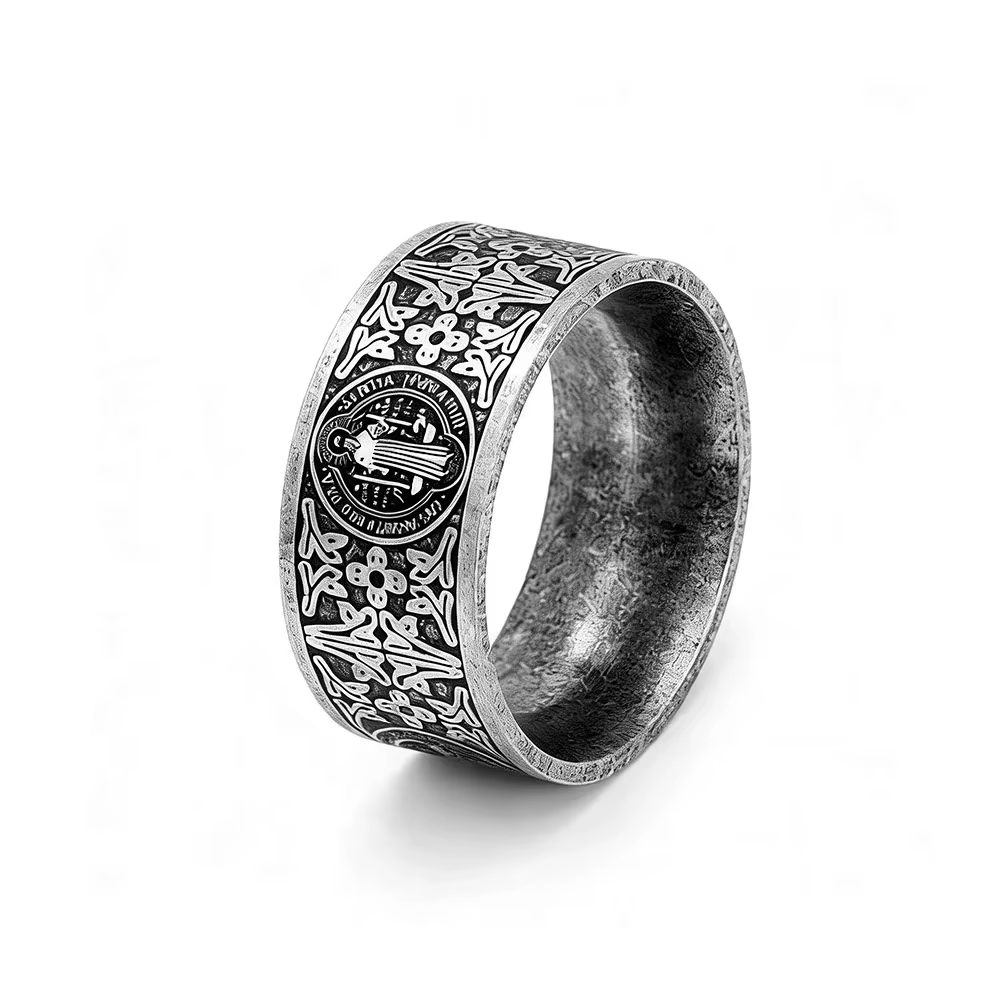 Bague pour homme en acier inoxydable 316L, croix Saint Benoît, amulette religieuse vintage, style go