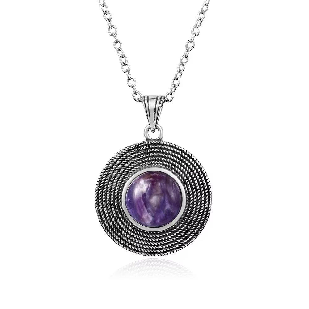 Collier pendentif en argent avec améthyste, collier rond texturé vintage, bijoux de mode bohème pour