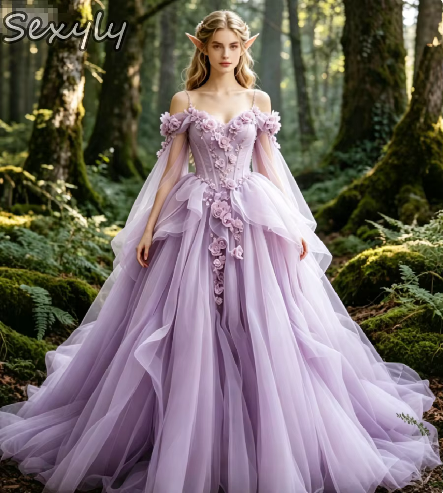 Robe de mariée féerique rose poudré, épaules dénudées, avec cape en tulle à fleurs 3D, robe de bal à