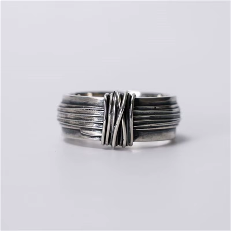 Bague multi-lignes enveloppée brossée Vintage pour hommes, bijoux d'ouverture personnalisés, argent 