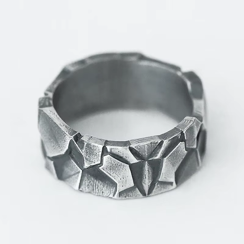 Bague réglable à texture craquelée pour hommes, bijoux punk vintage à facettes irrégulières, bague g