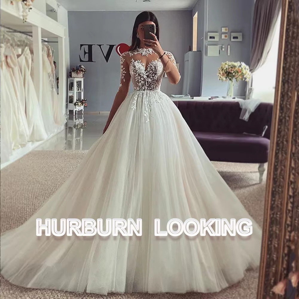 HERBURN-Robes de mariée vintage à manches longues pour femmes, appliques en dentelle, train de balay