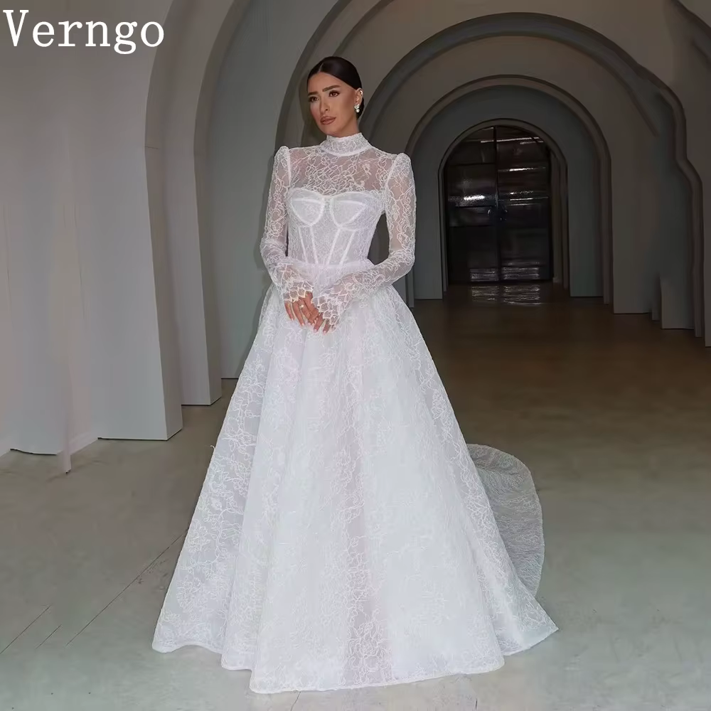 Verngo-Robe de Mariée Élégante en Dentelle pour Femme, Tenue à Col Haut et Manches sulf, pour Patien