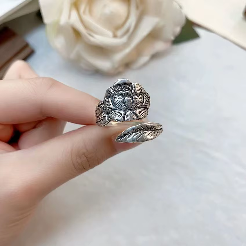 Buyee 925 en argent Sterling femme grand anneau doigt pivoine fleur anneau ouvert pour les femmes mo