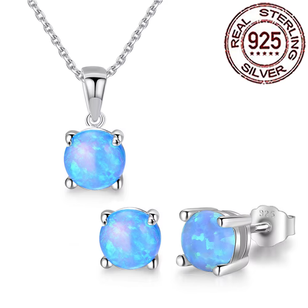 QooLady – boucles d'oreilles rondes élégantes en argent Sterling 925, opale bleue mystique, ensemble