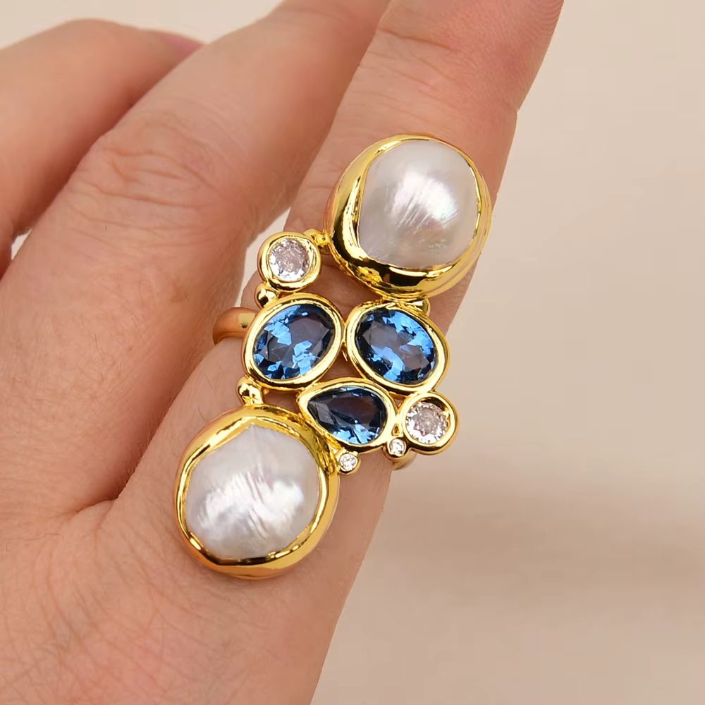 G-G Culture Blanc Keshi Perle Anneaux Mix document Bleu CZ Pavé Or Plaqué Bague Pour Femmes Saint Va