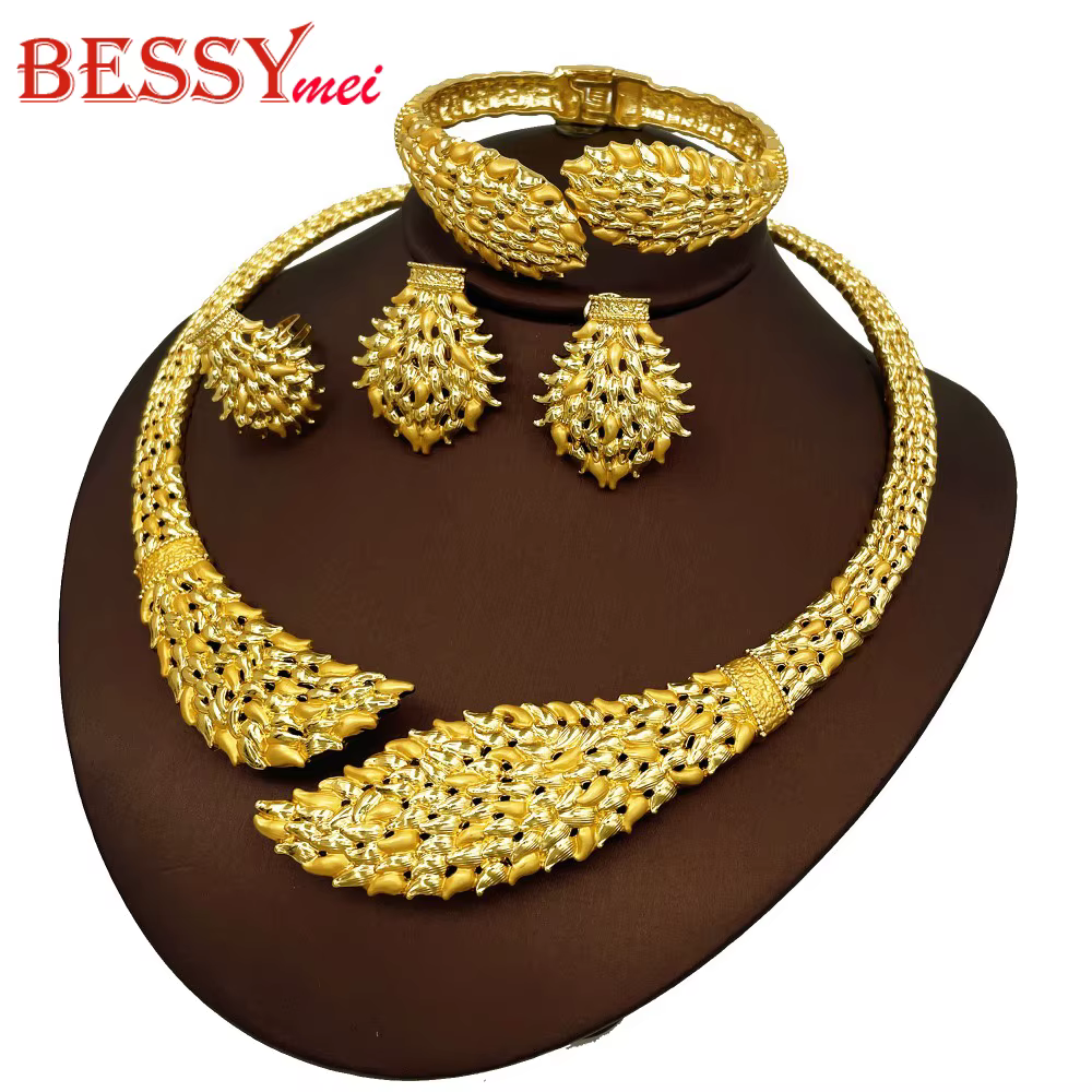 Ensemble de bijoux exagérés de dubaï, couleur or africaine, grand collier, manchette ouverte, Bracel