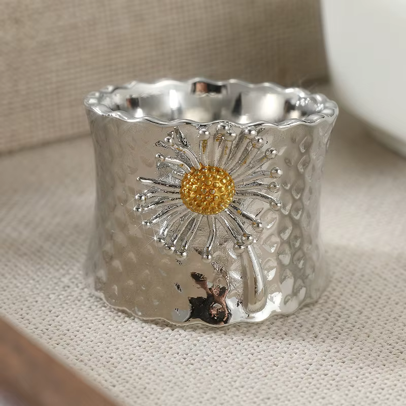 Bague large bicolore texturée martelée motif pissenlit, faite à la main, pour femme, style vintage é