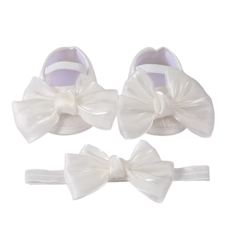 Chaussures de baptême et bandeau pour bébés filles de 0 à 12 mois, ensemble de chaussures plates et