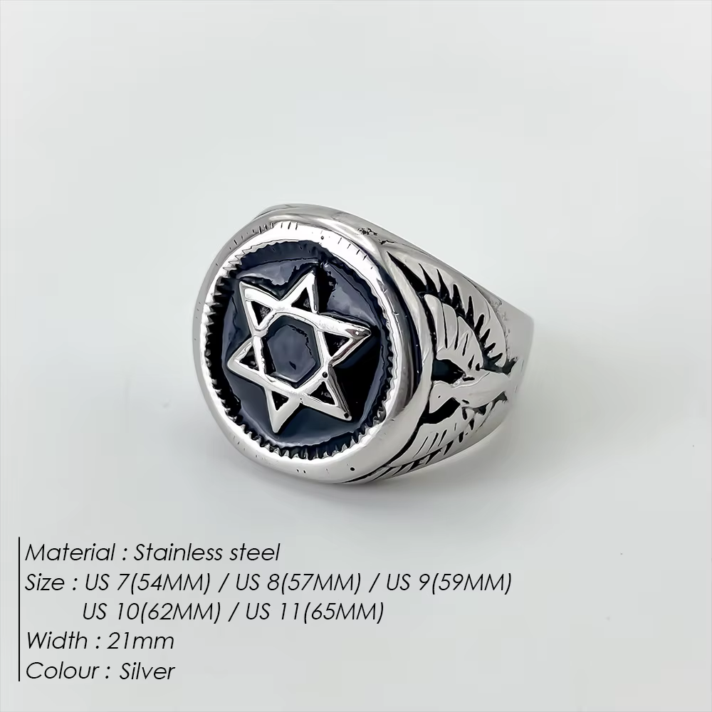 Bague vintage étoile de David pour homme, en acier inoxydable, signet aigle juif, punk, émail noir, 