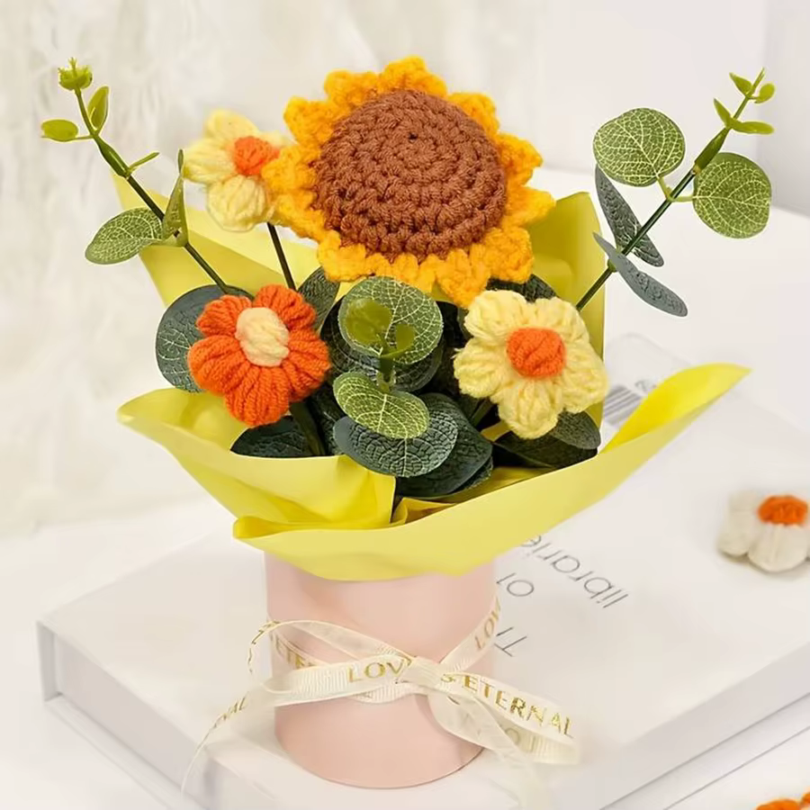 1 magnifique bouquet de roses et de tournesols au crochet fait main avec un panier, cadeau pour la S