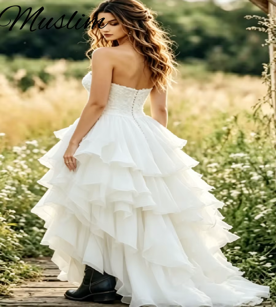 Robe de mariée Western Rustique Asymétrique 2026, style Cowgirl, avec décolleté cœur, volants étagés