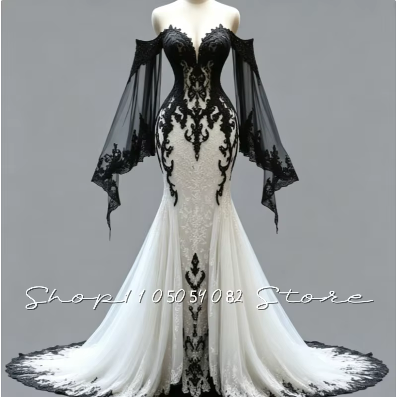 Robe de mariée gothique sirène noire et blanche, épaules dénudées, manches chauve-souris, dentelle b