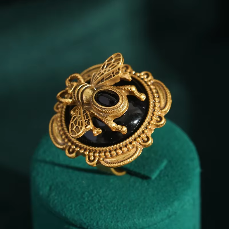 Bagues Vintage en forme d'abeille bleue, résine de miel, couleur or Antique, accessoires de bijoux n