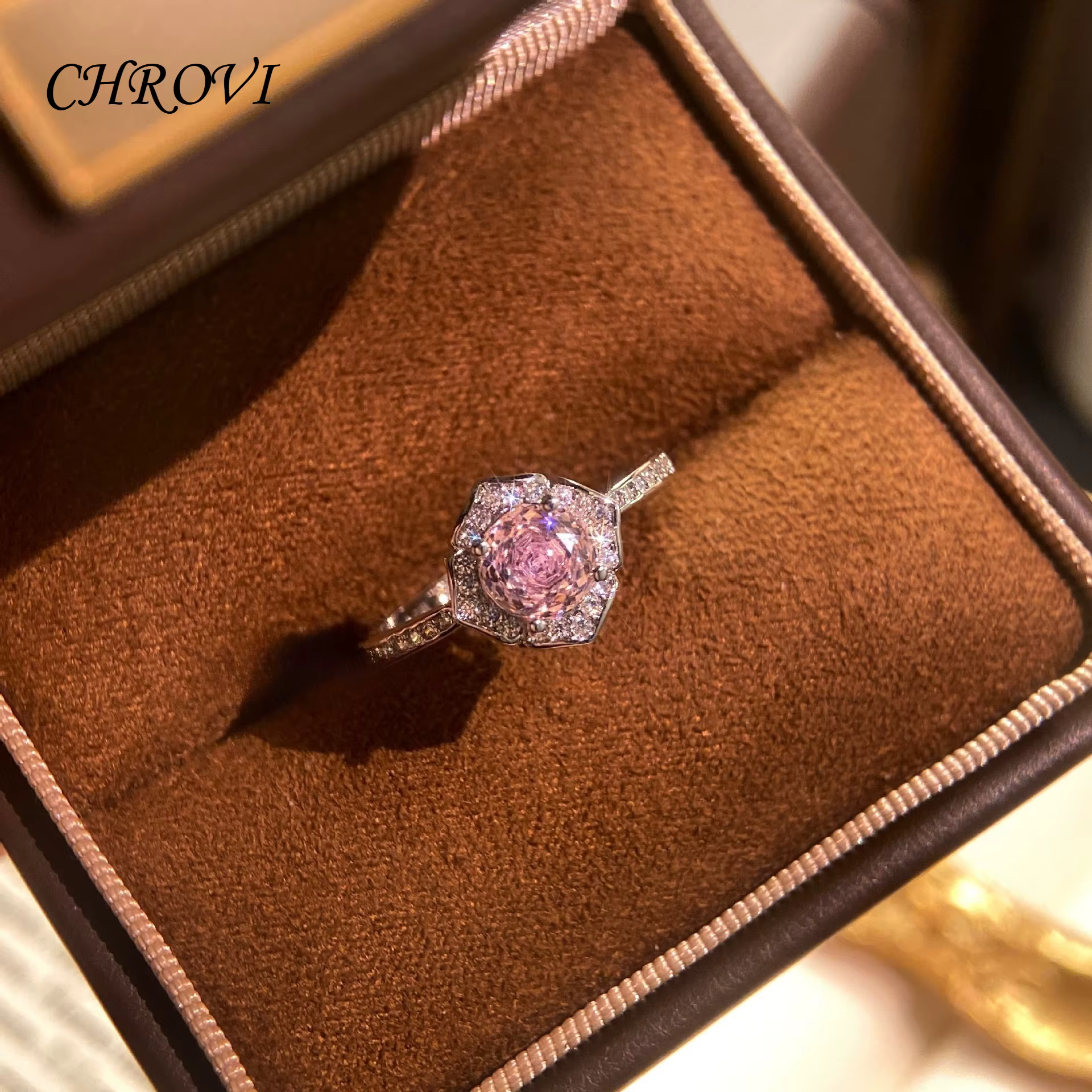 Bague ouverte en argent pur 925 avec rose du millénaire, diamant haute caratage, fleur de rose serti