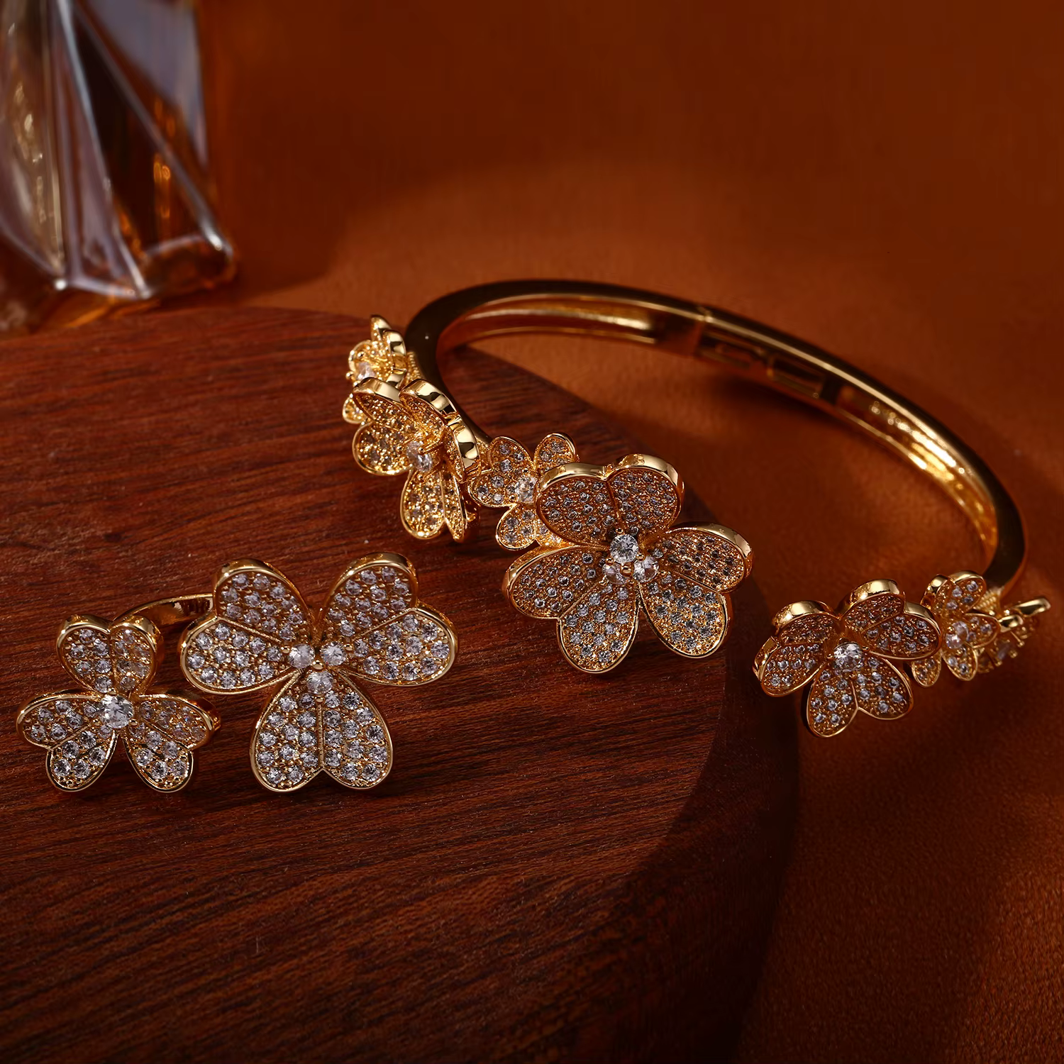 Ensemble élégant de bracelet et bague trèfle à quatre feuilles en CZ, plaqué or, bijoux empilables p
