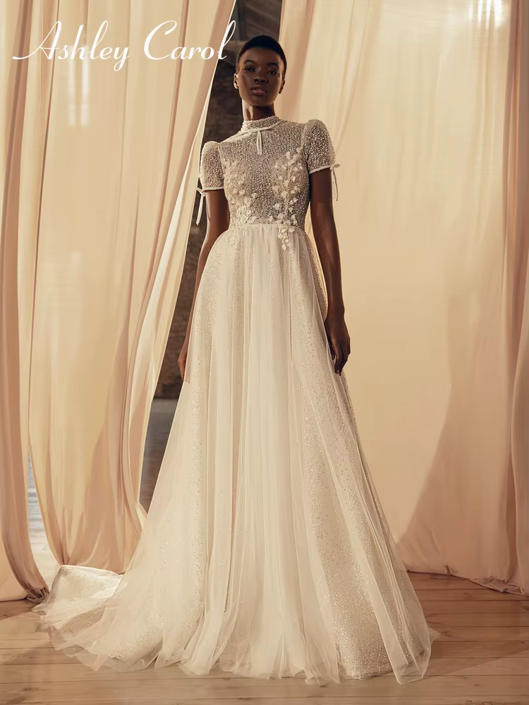 Ashley Carol-Robe de mariée bohème à col rond avec appliques, robes de mariée, train de brosse, dent