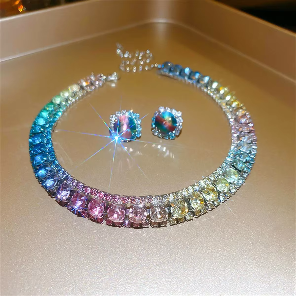 FYUAN – ensemble de boucles d'oreilles et collier en cristal de luxe, collier coloré rose violet pou