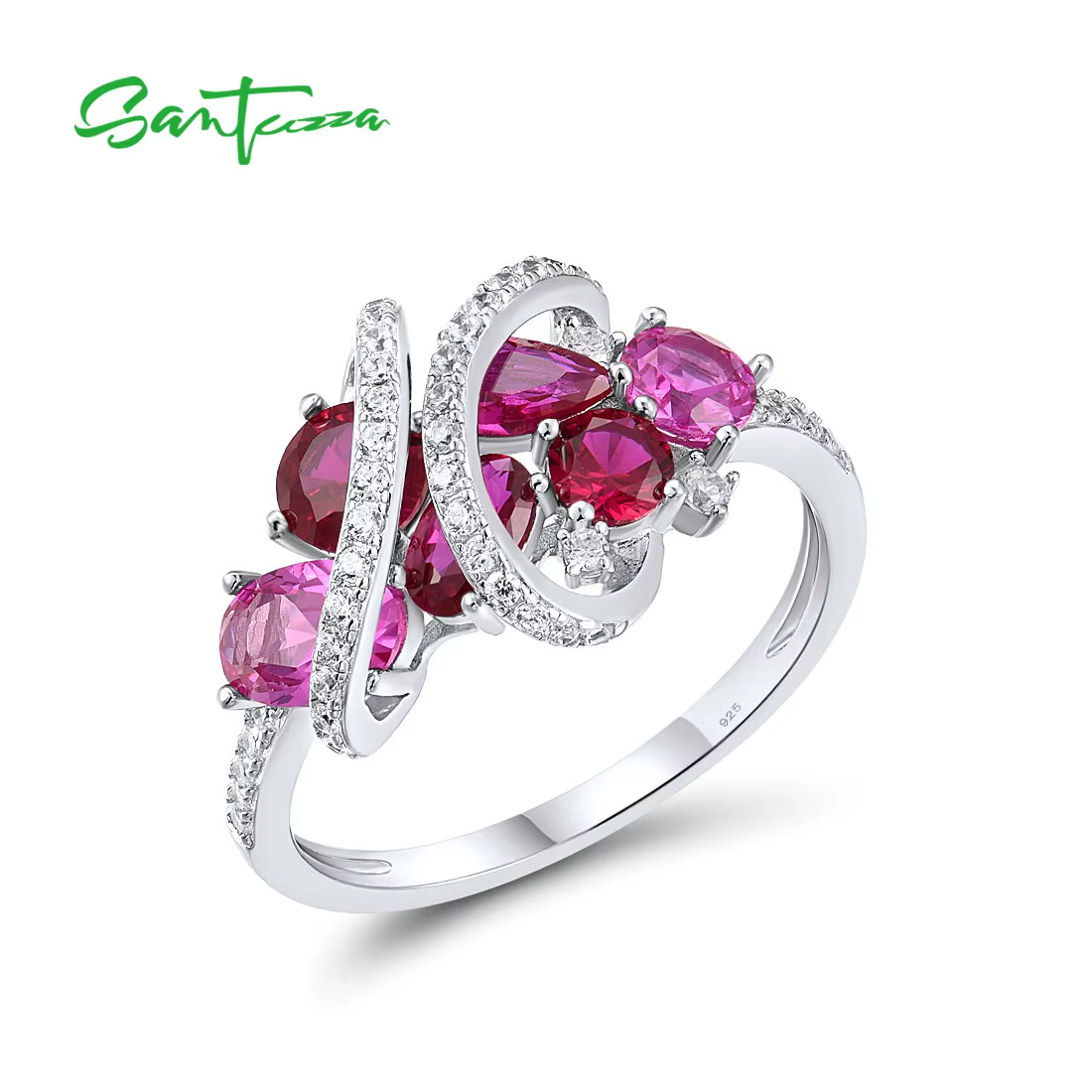 SANTUZZA-Bagues en argent regardé 925 pour femmes, saphir rose créé en laboratoire, bague CZ adrenWh