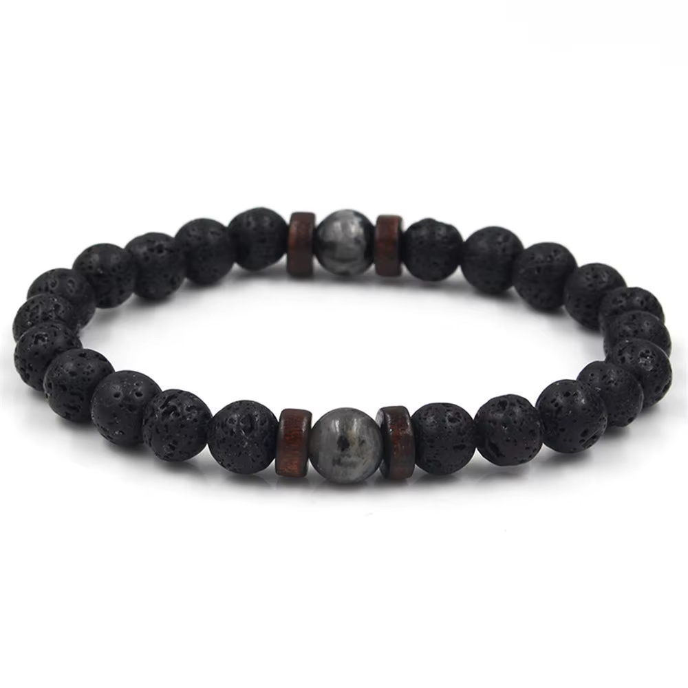 Bracelet en pierre volcanique pour hommes, perles en bois de lave, chaîne de poignet de bouddha tibé