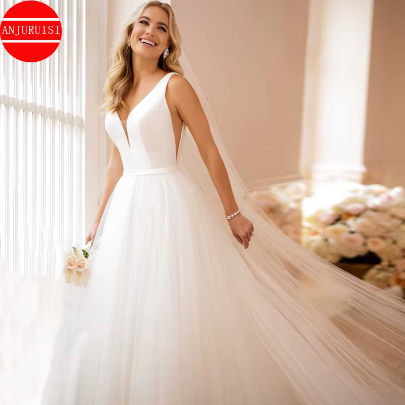 Robes De mariée simples pour femmes, Robe De mariée en Tulle blanc, ligne A, Sexy, col en V, Suknia 