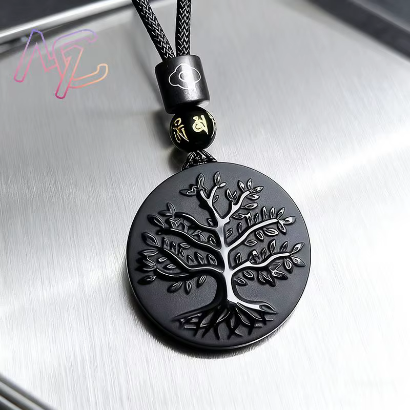 Collier pendentif arbre de vie en obsidienne véritable sculpté, cadeaux Vintage pour femmes, pierres