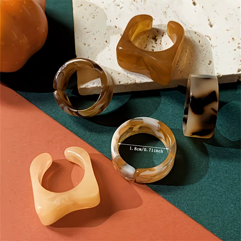 Bague empilée bohème rétro ouverte en résine pour femmes, 5 pièces, exquise et à la mode, adaptée au