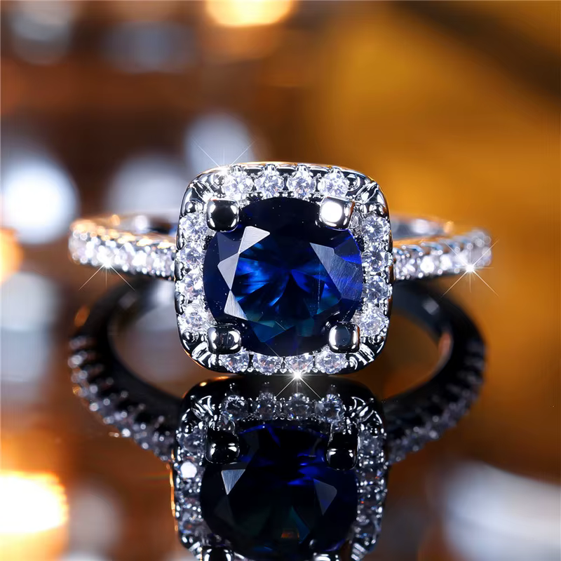 Bague de luxe en pierre de Zircon ronde bleue pour femme, couleur argent, tendance, bijoux de fiança