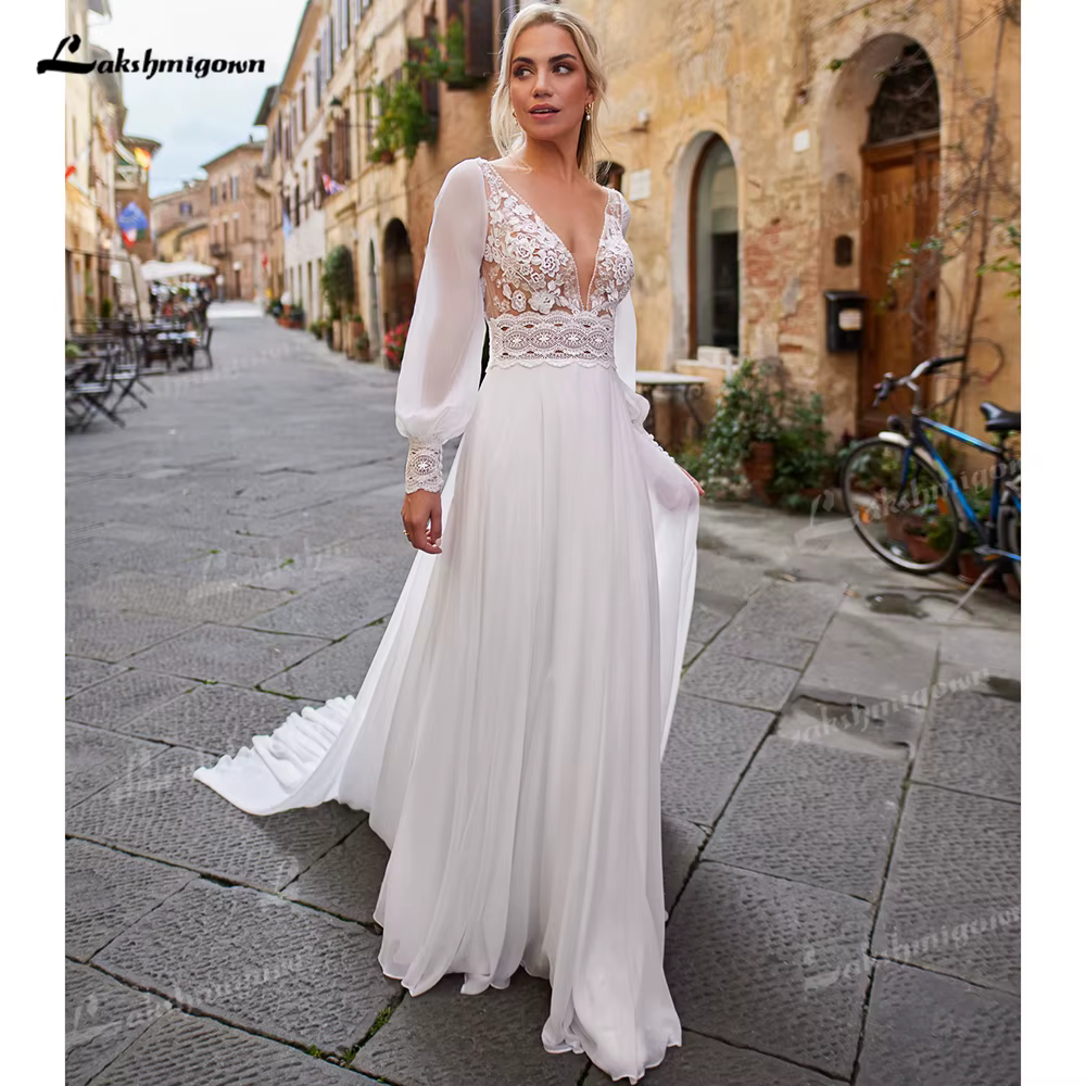Lakshmigown – robe de mariée bohème en dentelle et mousseline de soie, coupe trapèze, col en V, manc