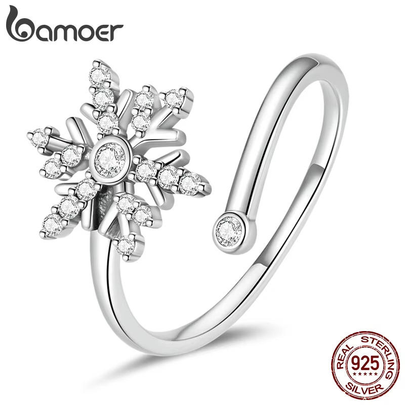 Bamoer-Bague ouverte flocon de neige en argent regardé 925 pour femme, cristal blanc, bijoux de fian