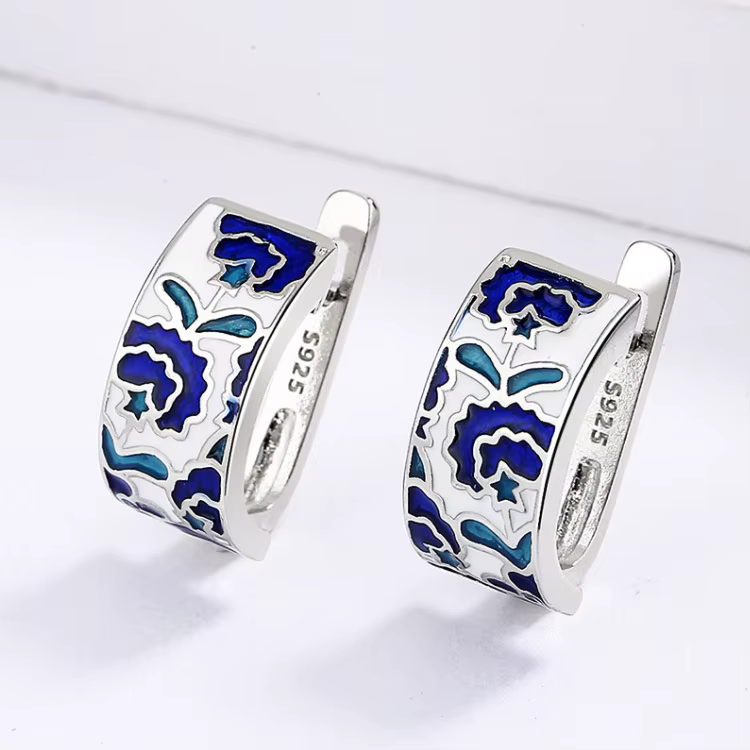 925 argent classique créatif à la main bleu émail boucles d'oreilles pour dames fleur forme boucles 