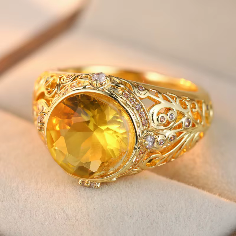 Bague élégante en zircone synthétique jaune éblouissante, délicate, dorée, pour femmes, vintage, lux