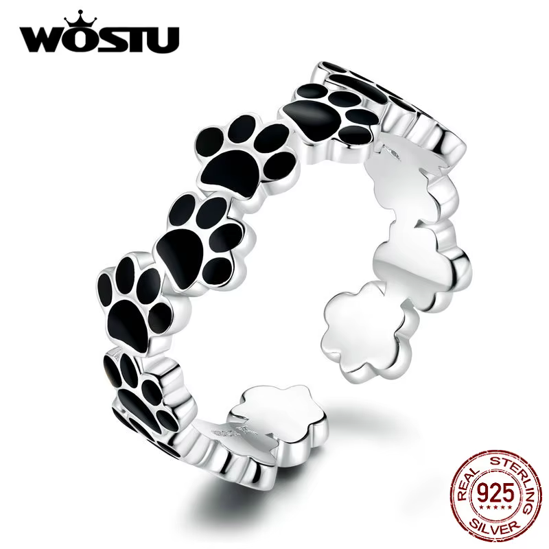 WOSTU – bague en argent Sterling 925 authentique, empreinte de patte, chien, ajustable, ouvert, bijo