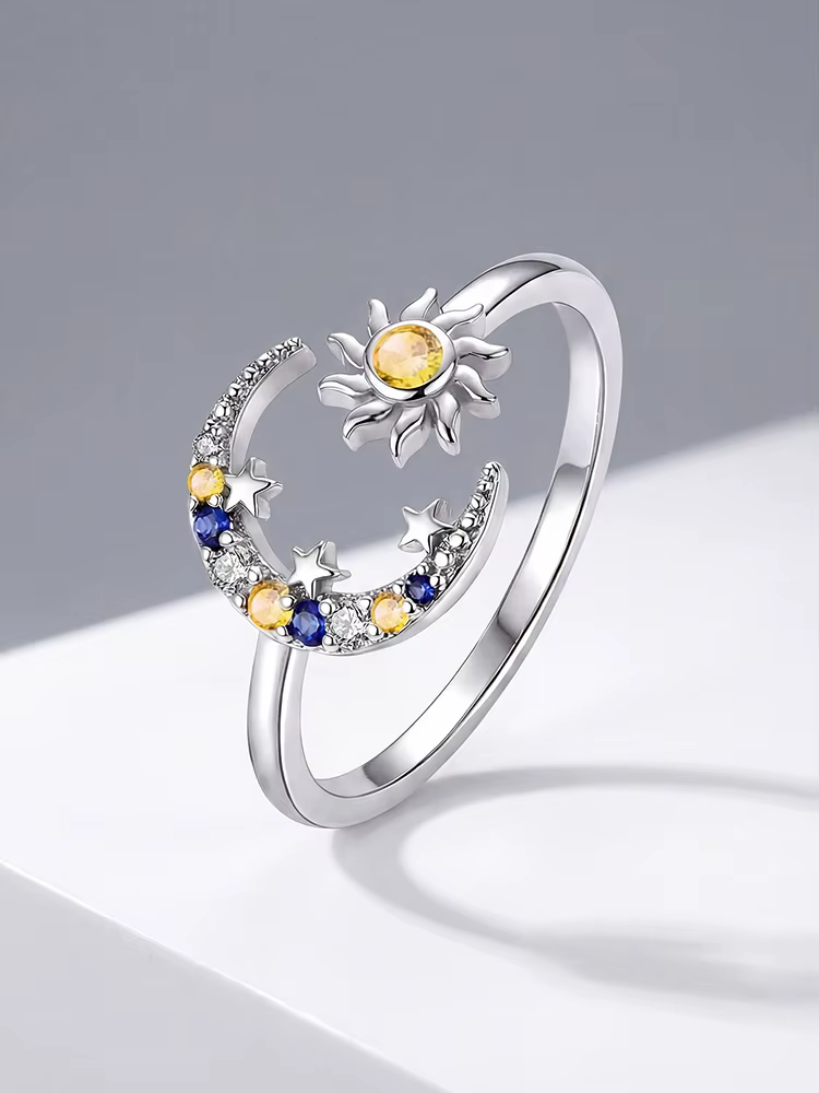 Bague réglable classique lune et soleil en argent sterling 925 pour femme, pour les fêtes, le quotid