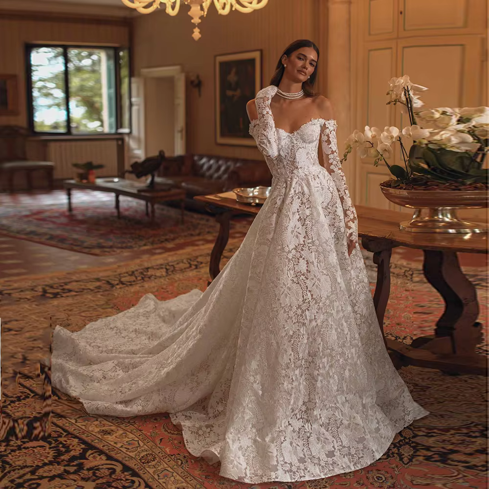 Robe de Mariée Trapèze en Dentelle, Dos aux, Manches sulfAmovibles, Personnalisée, pour Demoiselle d